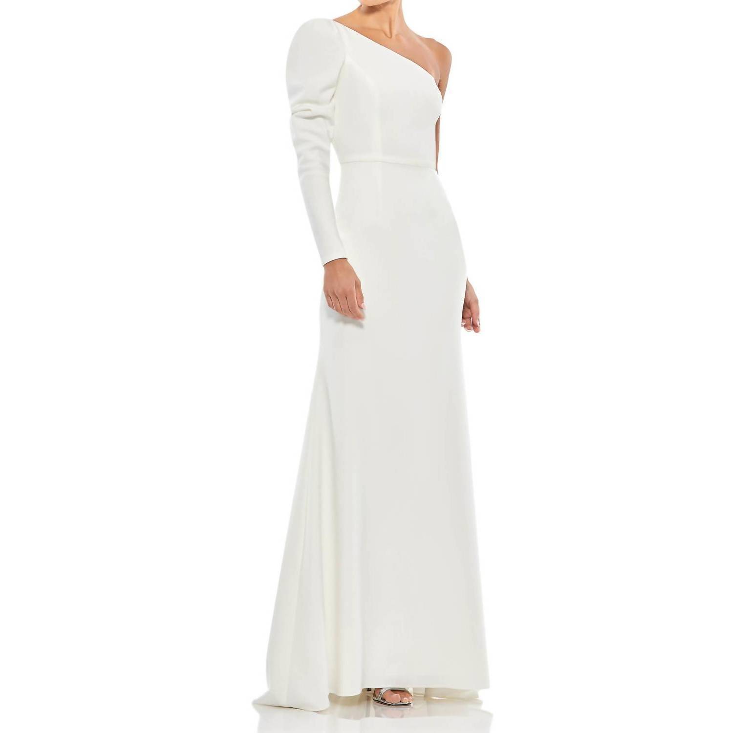 New Mac Duggal One-Shoulder Gown With Dramatic Puff Sleeve And Thigh-High Slit I